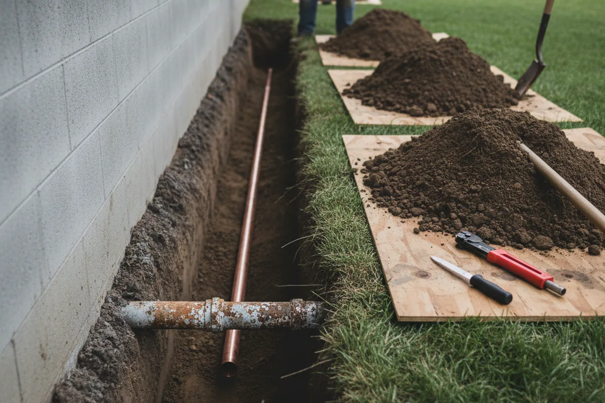 Excavated water line trench during Water Heater Repair in Grandville